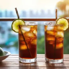 Dwa drinki Long Island Iced Tea z lodem, limonką i słomkami na drewnianym stole, z rozmytym tłem miasta.