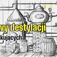 Ilustracja przedstawiająca aparat destylacyjny, beczkę i butelkę.