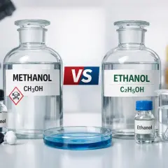 Dwie butelki z płynami, jedna z napisem "Methanol" i symbolem zagrożenia, druga z "Ethanol".