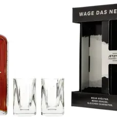 Zestaw Jägermeister Manifest: butelka 0,5l, dwa kieliszki i opakowanie z hasłem "WAGE DAS NEUE".