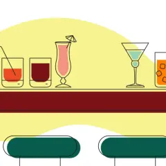 Ilustracja baru z drinkami, shakerem i dwoma stołkami.