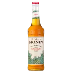 Butelka syropu cukrowego Monin Agave Sugar z agawą na etykiecie.