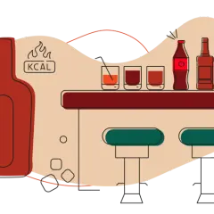 Ilustracja baru z butelką whisky i kieliszkami. Obok butelki symbol płomieni i napis "KCAL", sugerujący, ile kalorii ma whisky.