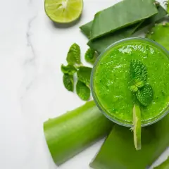 Zielony koktajl z aloesu, limonki i mięty otoczony liśćmi aloesu i kaktusa.