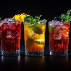 Pięć kolorowych drinków z lodem, miętą i owocami na czarnym tle.