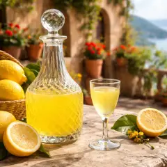 Słoneczny taras, koszyk cytryn, karafka i kieliszek z limoncello. Idealny przepis na włoski likier.