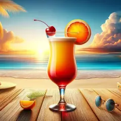 Idealny przepis na Tequila Sunrise na plaży. Koktajl, palmy i zachód słońca tworzą wakacyjny klimat.