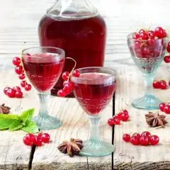 Dwa kieliszki wypełnione rubinowym płynem, ozdobione gałązkami czerwonej porzeczki. Obok butelka nalewki z czerwonej porzeczki, gwiazdki anyżu i listki mięty.