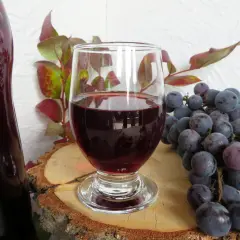Domowy przepis na wino z winogron 10l. Kieliszek czerwonego wina, butelka, kiść ciemnych winogron i gałązka z liśćmi.