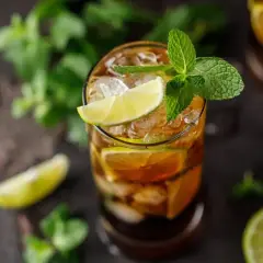 Szklanka z drinkiem Cuba Libre, lodem, plasterkami limonki i listkami mięty.