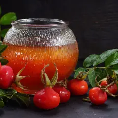 Szklany słój wypełniony bursztynową nalewką z dzikiej róży, otoczony świeżymi owocami i liśćmi.