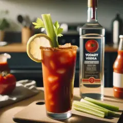 Krwawa Mary przepis: drink z lodem, cytryną i selerem, obok butelka wódki i sosu pomidorowego. Idealny na brunch!