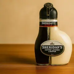 Dwukomorowa butelka likieru Sheridan's Coffee Layered Liquour, z ciemnym i jasnym płynem, stoi na drewnianym blacie.