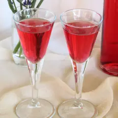 Dwa kieliszki wypełnione rubinową nalewką z agrestu, obok butelka i gałązka ziół.