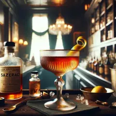 Klasyczny koktajl Sazerac w kieliszku, obok butelki Sazerac i akcesoriów barmańskich.