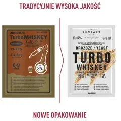 Dwie paczki drożdży Turbo Whiskey, jedna brązowa, druga biała, z informacjami o fermentacji.