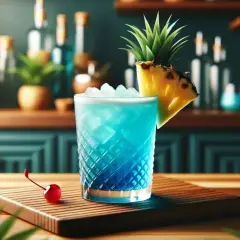 Niebieski drink z lodem, plasterkiem ananasa i wisienką na drewnianej desce.
