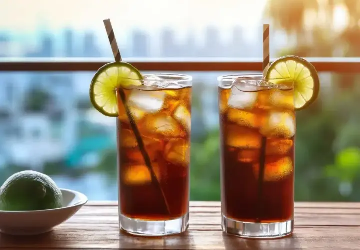 Dwa drinki Long Island Iced Tea z lodem, limonką i słomkami na drewnianym stole, z rozmytym tłem miasta.