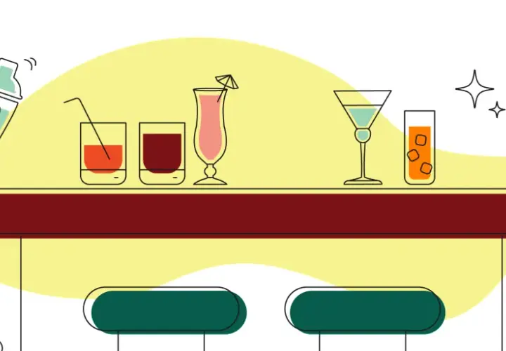 Ilustracja baru z drinkami, shakerem i dwoma stołkami.