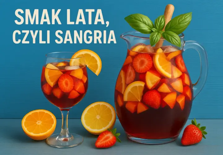Orzeźwiająca sangria wino z owocami: truskawkami, pomarańczami i cytrynami. Idealny smak lata w dzbanku i kieliszku.