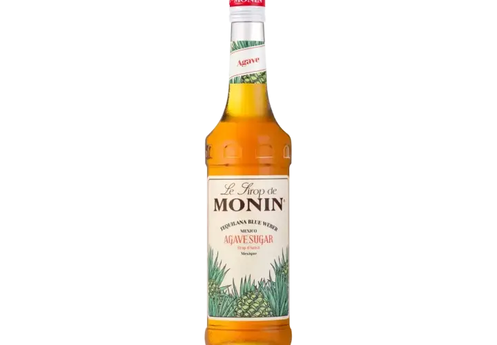 Butelka syropu cukrowego Monin Agave Sugar z agawą na etykiecie.