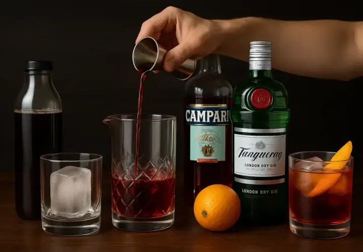 Składniki do koktajlu: gin, Campari, wermut, pomarańcza, lód i ciemny płyn.