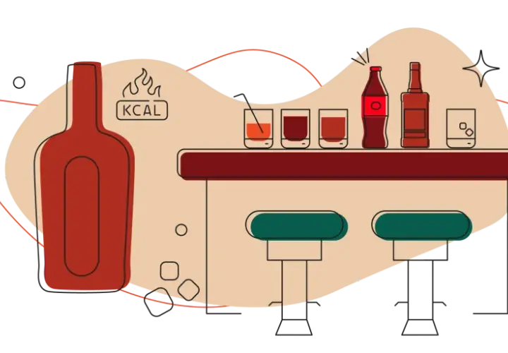 Ilustracja baru z butelką whisky i kieliszkami. Obok butelki symbol płomieni i napis "KCAL", sugerujący, ile kalorii ma whisky.