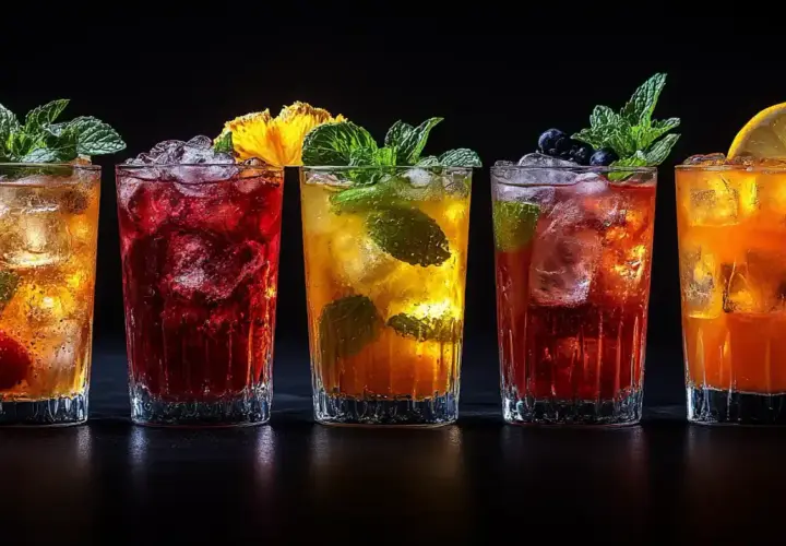 Pięć kolorowych drinków z lodem, miętą i owocami na czarnym tle.