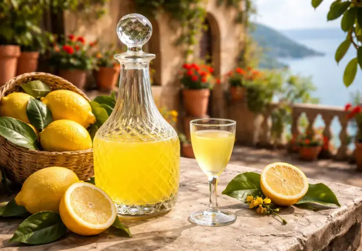 Słoneczny taras, koszyk cytryn, karafka i kieliszek z limoncello. Idealny przepis na włoski likier.
