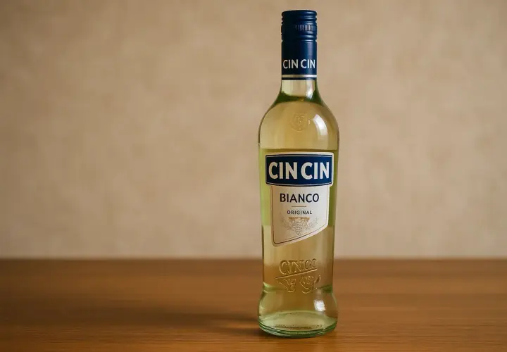Butelka Cin Cin Bianco na drewnianym blacie. Idealna na letnie wieczory.