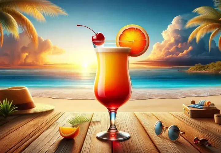 Idealny przepis na Tequila Sunrise na plaży. Koktajl, palmy i zachód słońca tworzą wakacyjny klimat.