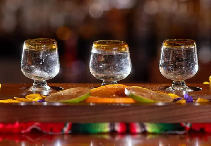 Trzy kieliszki z mezcalem, plasterki limonki i pomarańczy na drewnianej desce.