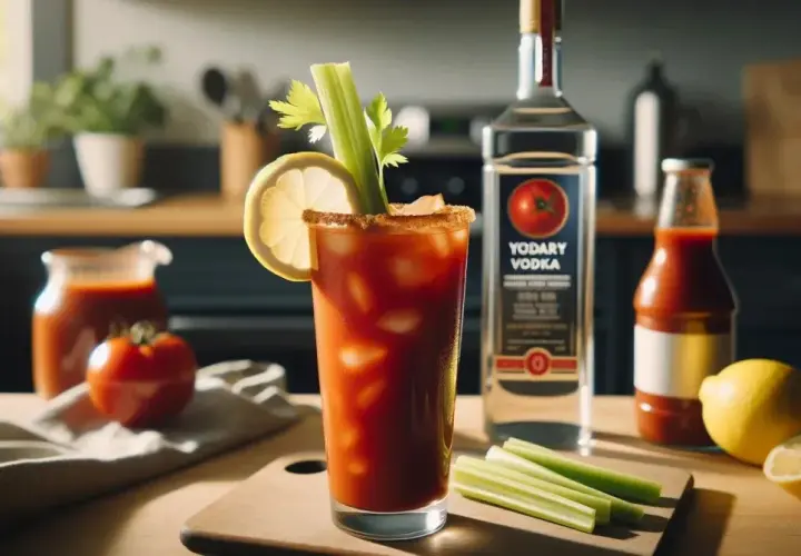 Krwawa Mary przepis: drink z lodem, cytryną i selerem, obok butelka wódki i sosu pomidorowego. Idealny na brunch!