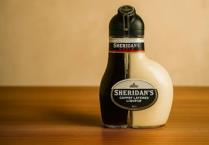 Dwukomorowa butelka likieru Sheridan's Coffee Layered Liquour, z ciemnym i jasnym płynem, stoi na drewnianym blacie.