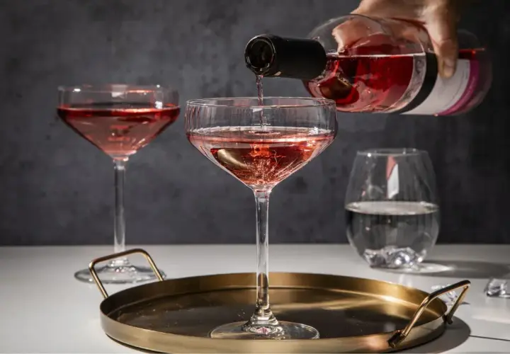 Różowe prosecco nalewane do kieliszka na tacy, obok inne kieliszki i szklanka z wodą.