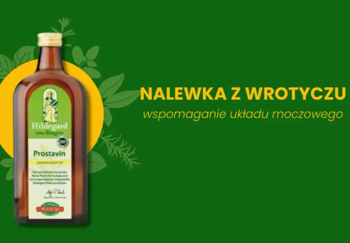 Nalewka z wrotyczu "Prostavin" Hildegard von Bingen, wspomaganie układu moczowego. Zielone tło z ziołowymi motywami.