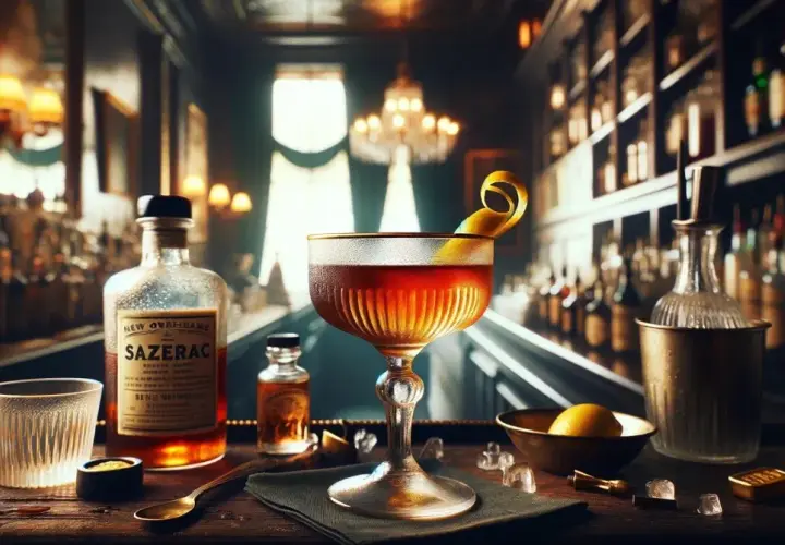 Klasyczny koktajl Sazerac w kieliszku, obok butelki Sazerac i akcesoriów barmańskich.