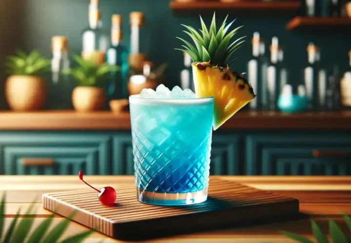 Niebieski drink z lodem, plasterkiem ananasa i wisienką na drewnianej desce.