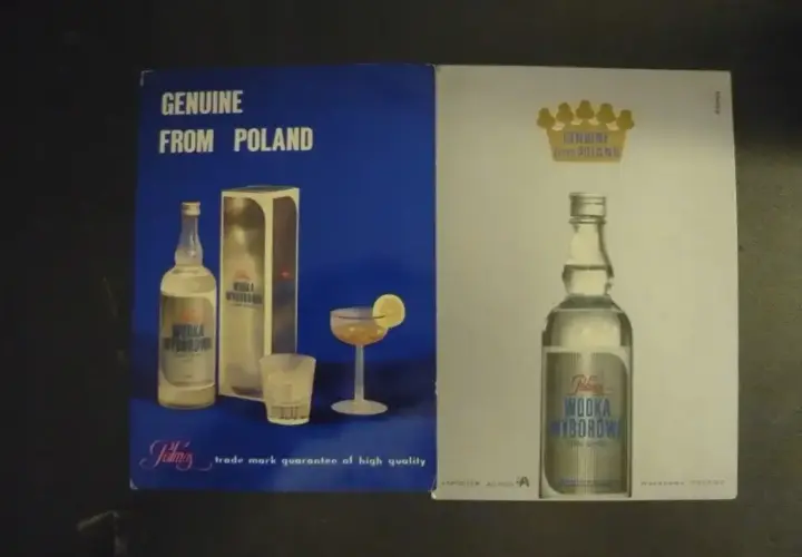 Butelka i kieliszek z wódką Wyborową na tle niebieskim i białym.