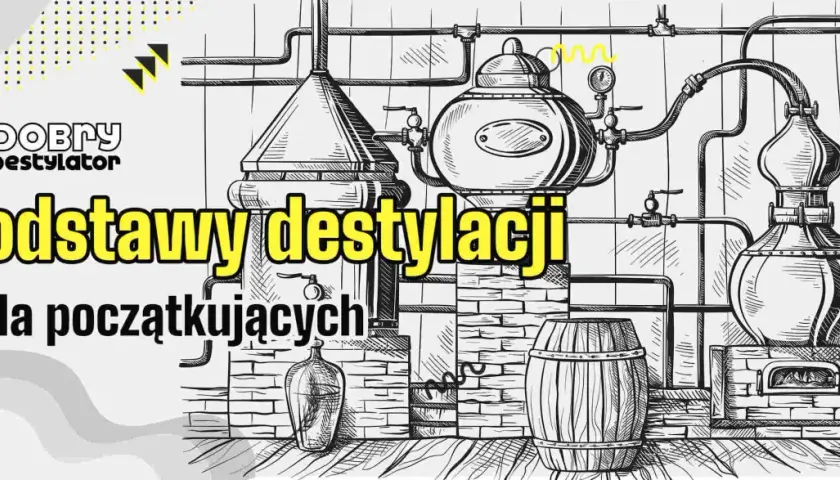Ilustracja przedstawiająca aparat destylacyjny, beczkę i butelkę.
