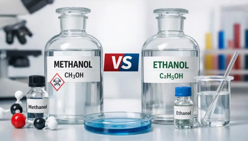 Dwie butelki z płynami, jedna z napisem "Methanol" i symbolem zagrożenia, druga z "Ethanol".
