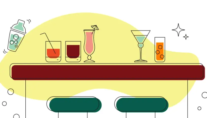 Ilustracja baru z drinkami, shakerem i dwoma stołkami.