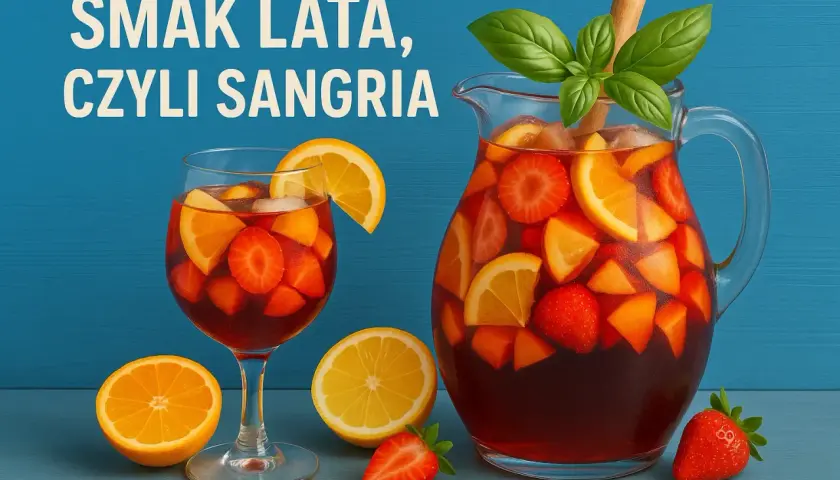 Orzeźwiająca sangria wino z owocami: truskawkami, pomarańczami i cytrynami. Idealny smak lata w dzbanku i kieliszku.