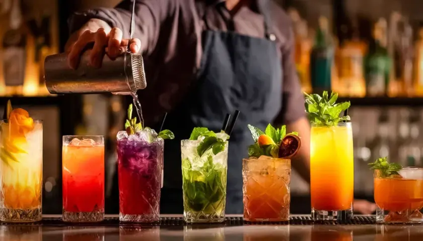 Mistrz miksologii przygotowuje kolorowe drinki. Na blacie baru stoją drinki z owocami i miętą, a barman nalewa płyn z shakera.