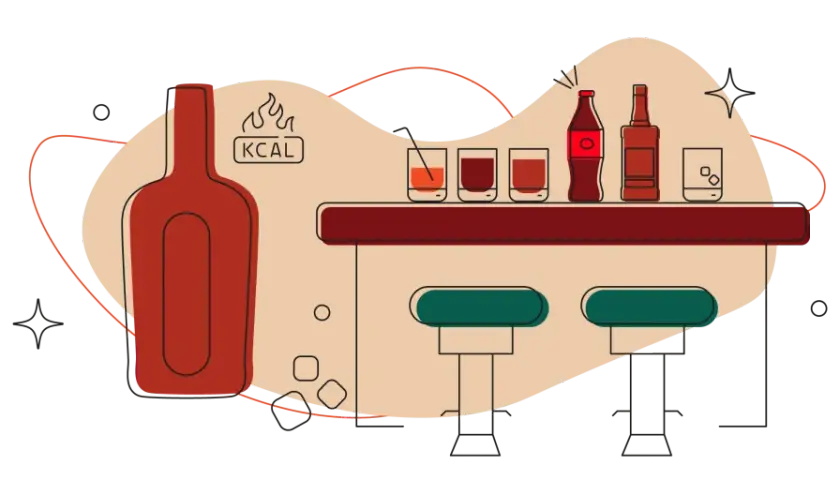 Ilustracja baru z butelką whisky i kieliszkami. Obok butelki symbol płomieni i napis "KCAL", sugerujący, ile kalorii ma whisky.