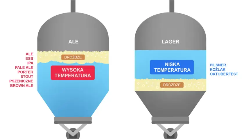 Dwa zbiorniki fermentacyjne: jeden dla piw typu Ale (wysoka temperatura, drożdże na górze), drugi dla Lager (niska temperatura, drożdże na dole).