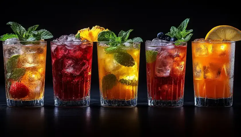 Pięć kolorowych drinków z lodem, miętą i owocami na czarnym tle.