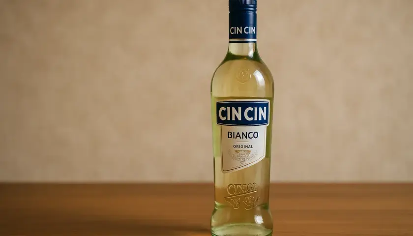 Butelka Cin Cin Bianco na drewnianym blacie. Idealna na letnie wieczory.
