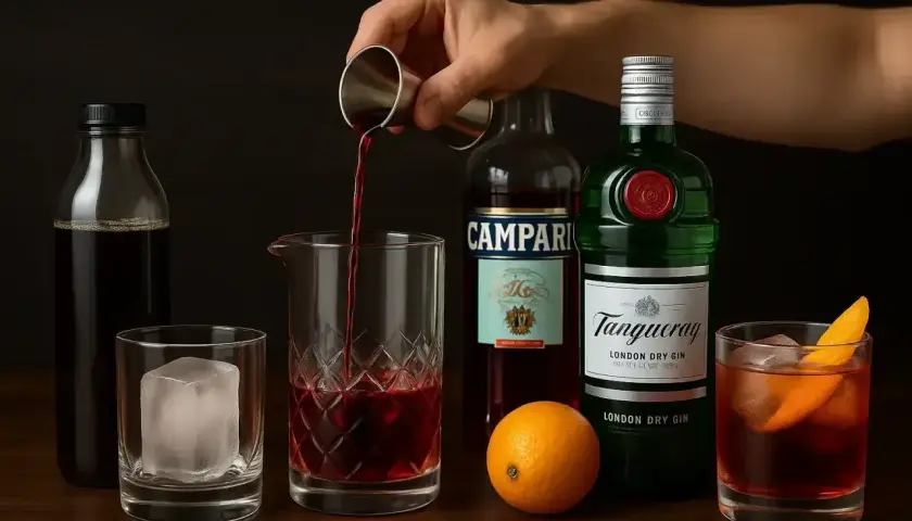 Dłoń wlewa czerwony płyn z jiggera do szklanicy. Obok butelki ginu, Campari, pomarańcza i gotowy koktajl.