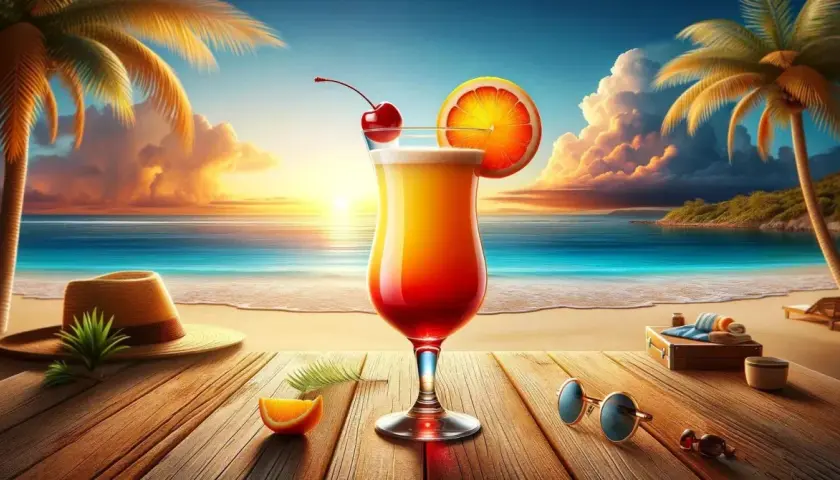 Idealny przepis na Tequila Sunrise na plaży. Koktajl, palmy i zachód słońca tworzą wakacyjny klimat.